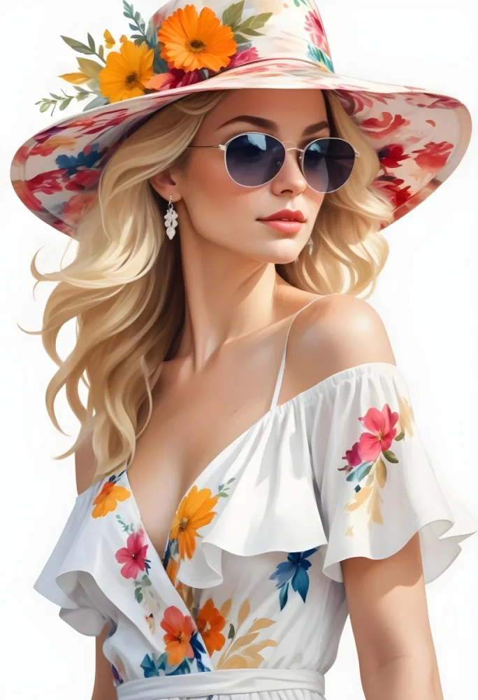 A Caucasian Woman Age 30 With Blonde Wavy Hair Wearing A White Hat Sunglasses Earrings And A White Dress With Floral Print In A White Background 5 0e3e