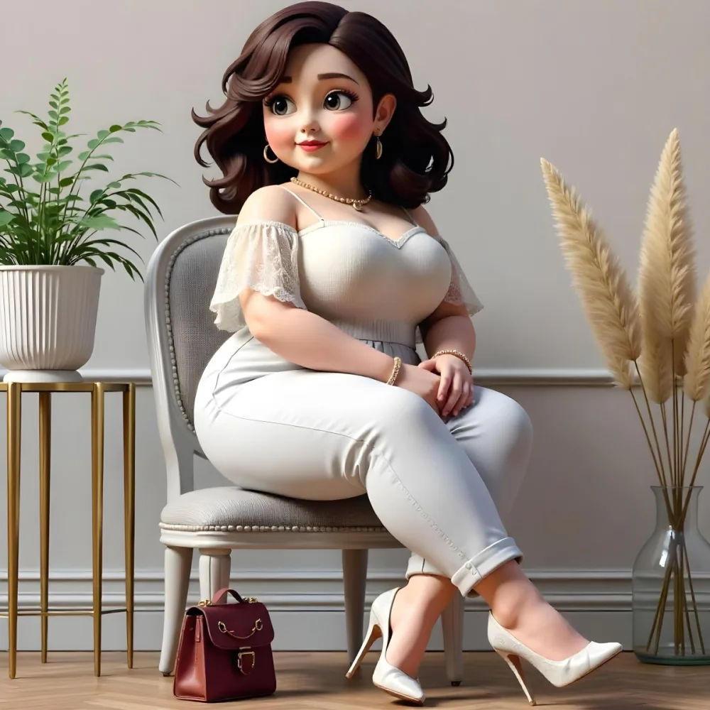 A Caucasian Woman Age 30 With Brown Hair Wearing A White Dress And White Pants Sitting On A Chair With A Purse In A Room With Plants 11 9b3f