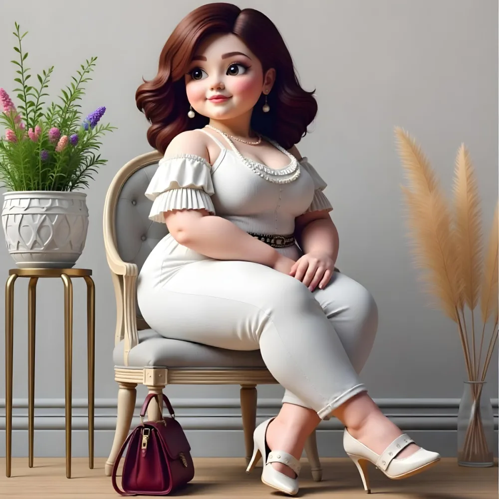 A Caucasian Woman Age 30 With Brown Hair Wearing A White Dress And White Pants Sitting On A Chair With A Purse In A Room With Plants 12 8254