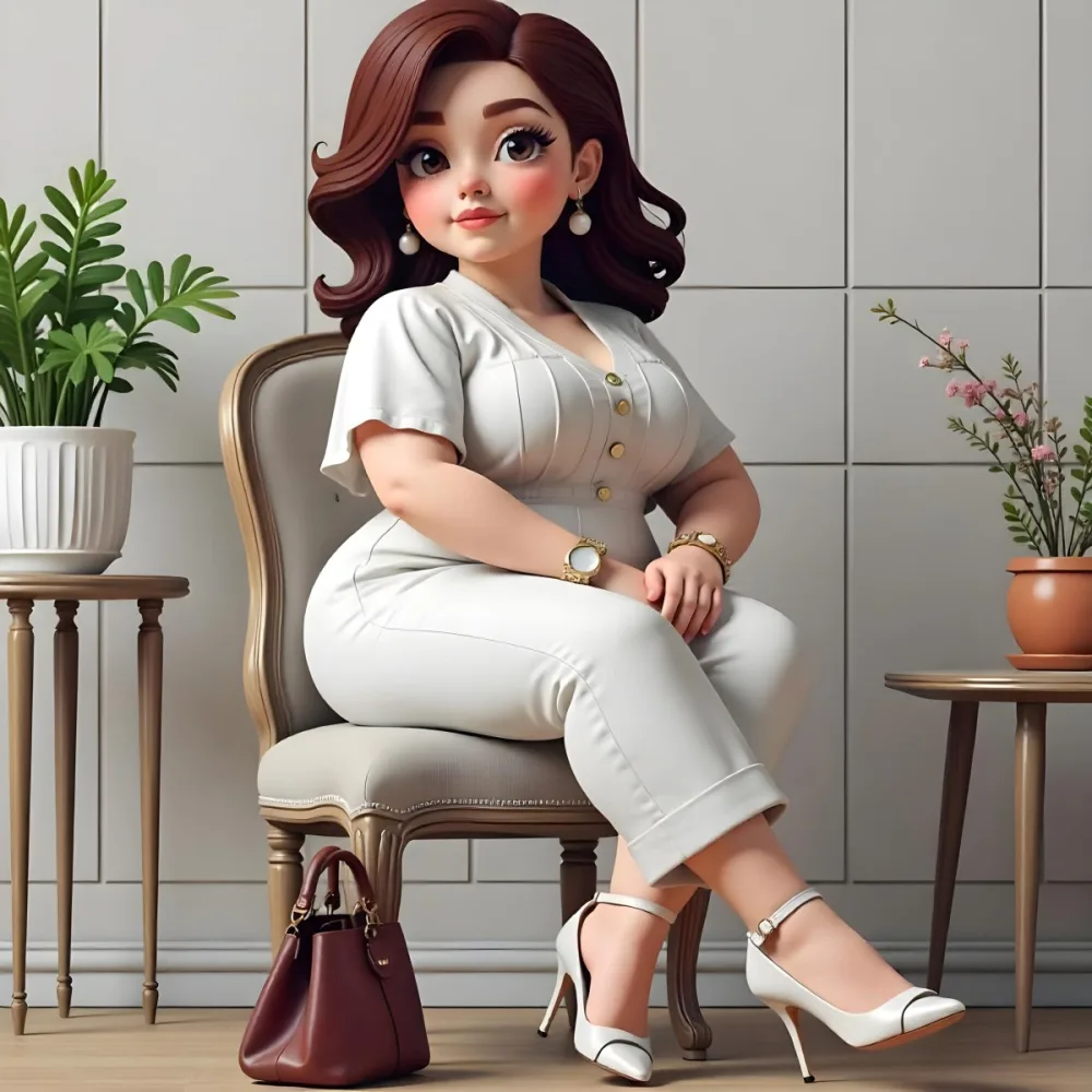 A Caucasian Woman Age 30 With Brown Hair Wearing A White Dress And White Pants Sitting On A Chair With A Purse In A Room With Plants 14 1710
