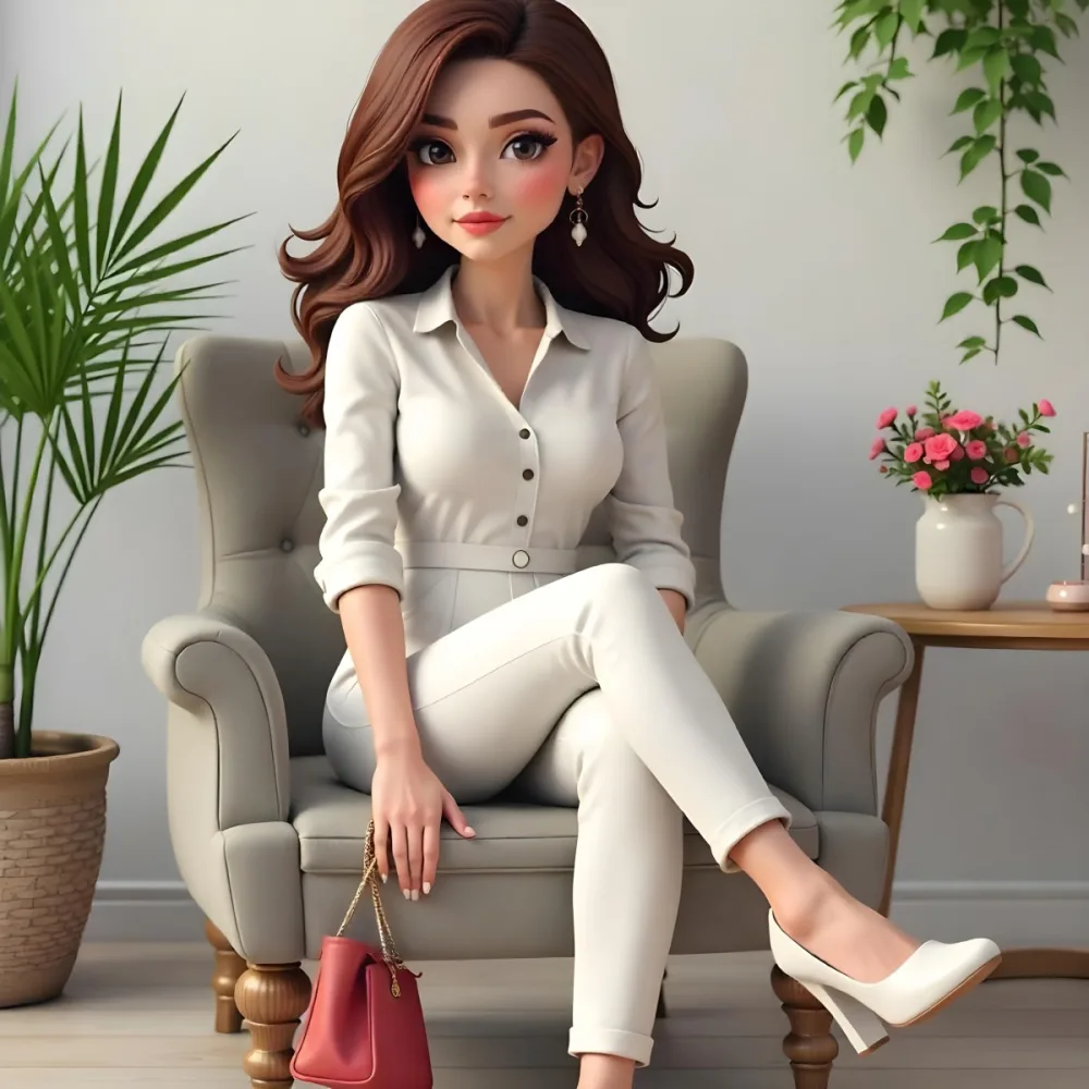 A Caucasian Woman Age 30 With Brown Hair Wearing A White Dress And White Pants Sitting On A Chair With A Purse In A Room With Plants 16 06bf