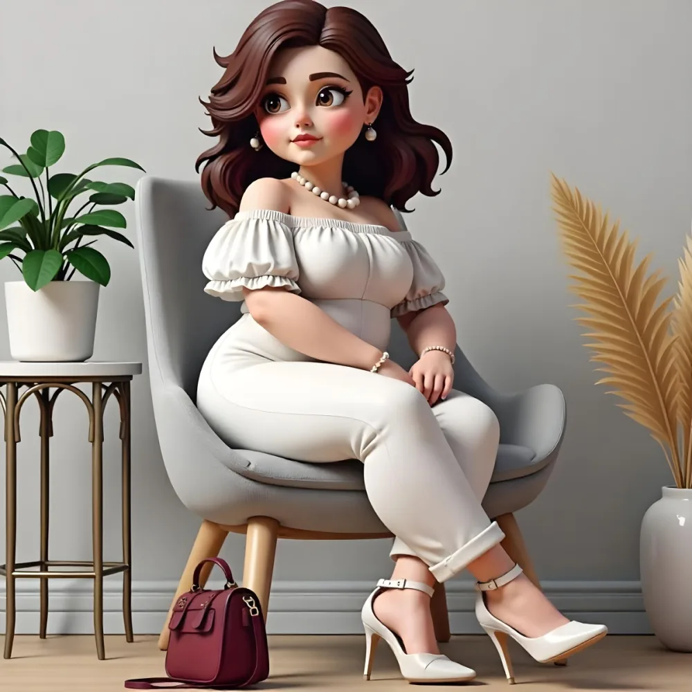 A Caucasian Woman Age 30 With Brown Hair Wearing A White Dress And White Pants Sitting On A Chair With A Purse In A Room With Plants 3 5341