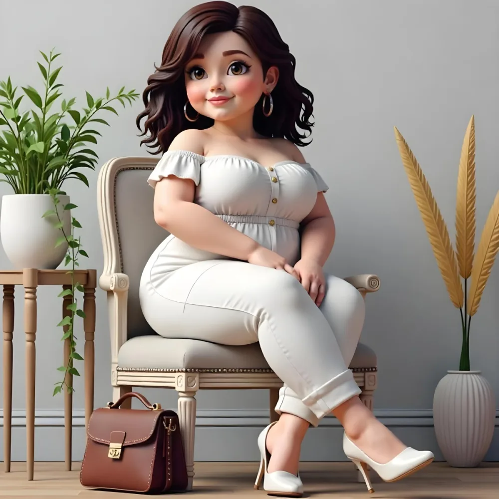 A Caucasian Woman Age 30 With Brown Hair Wearing A White Dress And White Pants Sitting On A Chair With A Purse In A Room With Plants 6 84ae