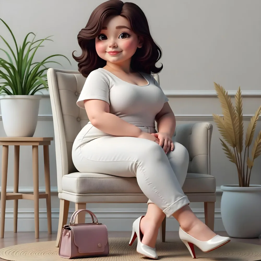A Caucasian Woman Age 30 With Brown Hair Wearing A White Dress And White Pants Sitting On A Chair With A Purse In A Room With Plants 8 Dc61