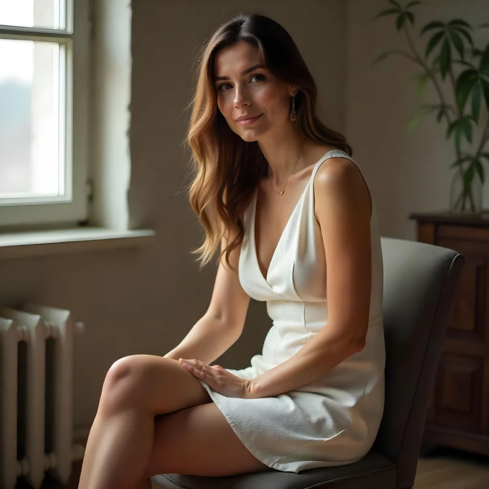 A Caucasian Woman Age 30 With Brown Wavy Hair Wearing A White Dress And White High Heels Sitting On A Chair In A Room 13 E913
