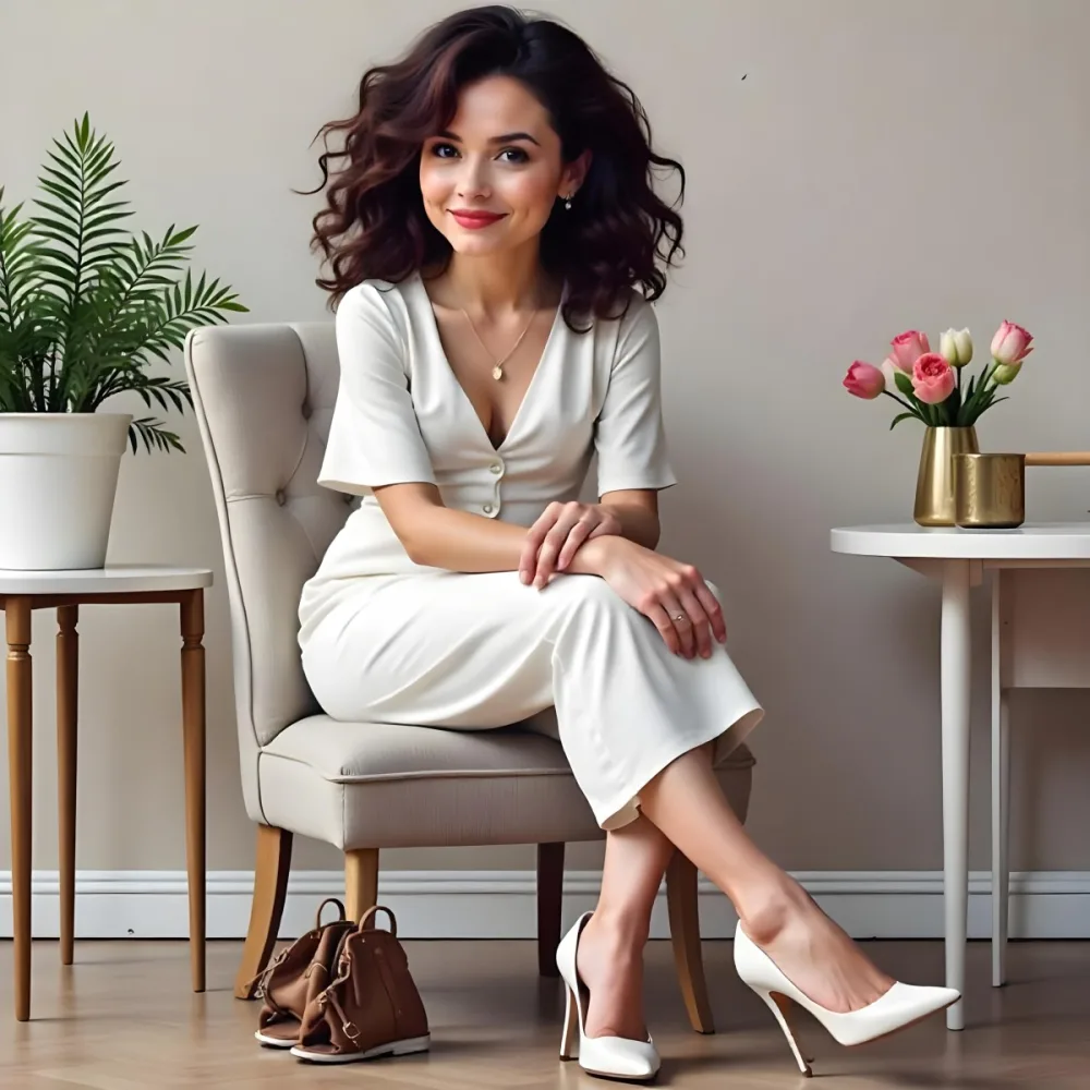 A Caucasian Woman Age 30 With Brown Wavy Hair Wearing A White Dress And White High Heels Sitting On A Chair In A Room 2 9360