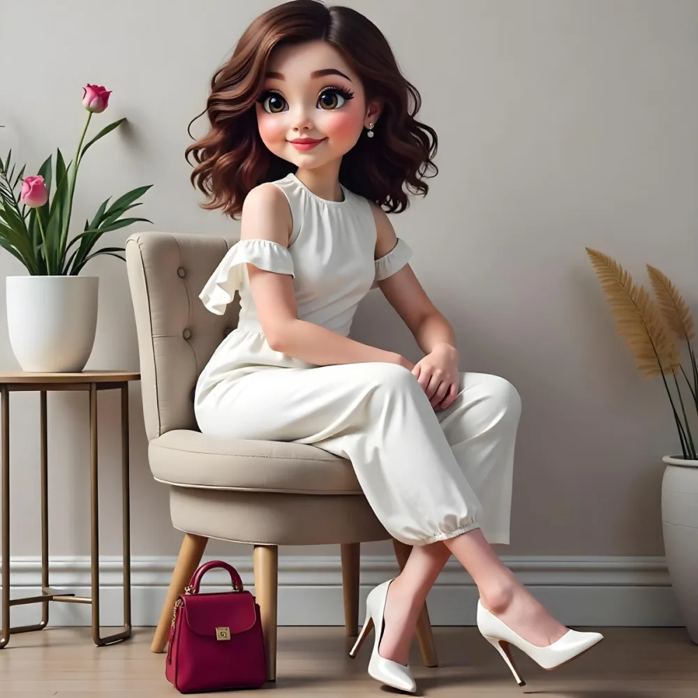 A Caucasian Woman Age 30 With Brown Wavy Hair Wearing A White Dress And White High Heels Sitting On A Chair In A Room 3 14a9