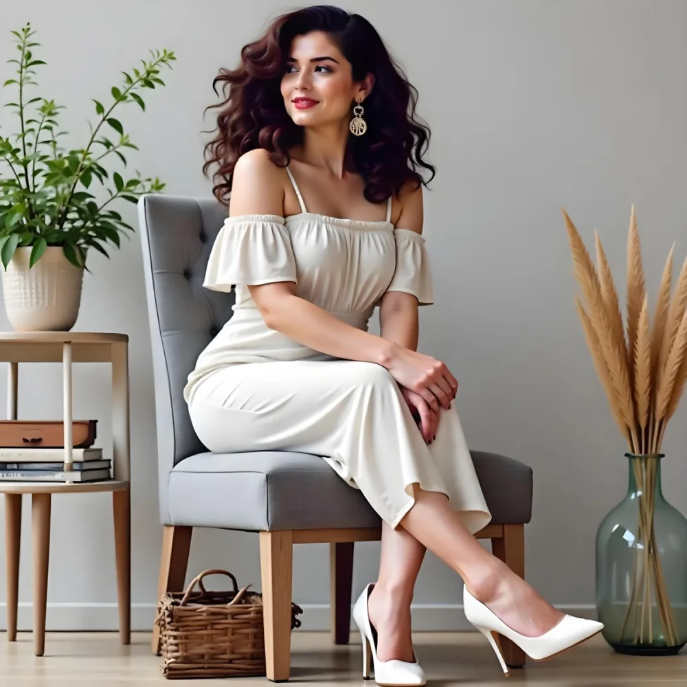 A Caucasian Woman Age 30 With Brown Wavy Hair Wearing A White Dress And White High Heels Sitting On A Chair In A Room 4 22d0