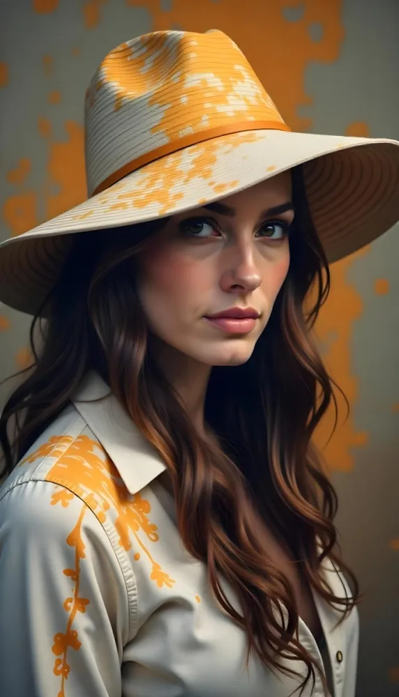 A Caucasian Woman Age 30 With Long Brown Hair And A Big White Hat Wearing A White Shirt In A Grey And Orange Abstract Background 14 763d