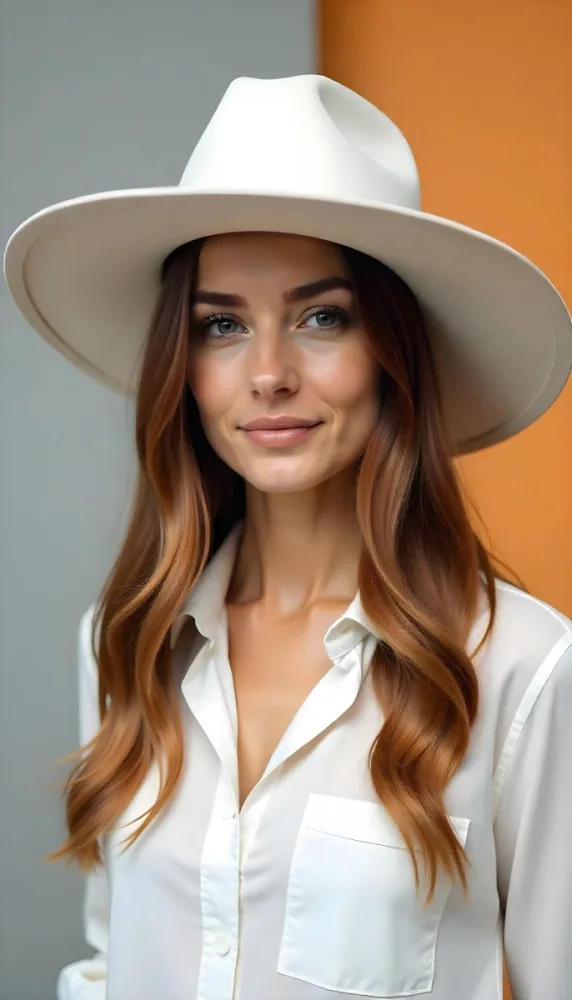A Caucasian Woman Age 30 With Long Brown Hair And A Big White Hat Wearing A White Shirt In A Grey And Orange Abstract Background 35 B3e1