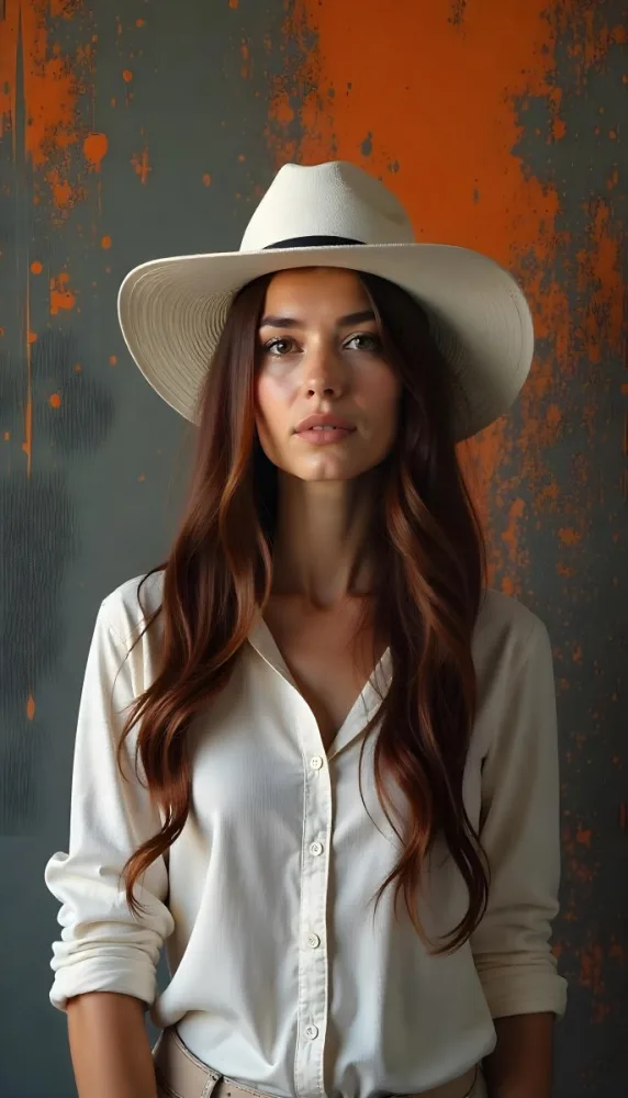 A Caucasian Woman Age 30 With Long Brown Hair And A Big White Hat Wearing A White Shirt In A Grey And Orange Abstract Background 36 61ce