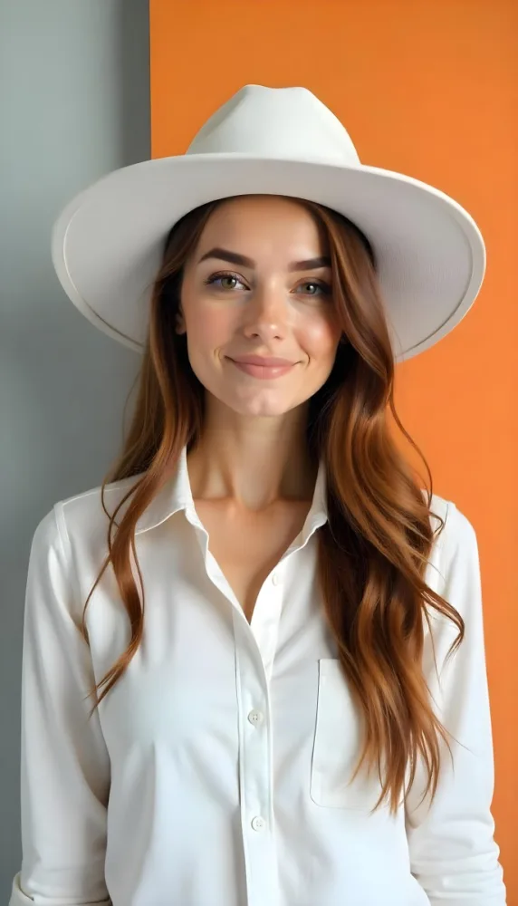 A Caucasian Woman Age 30 With Long Brown Hair And A Big White Hat Wearing A White Shirt In A Grey And Orange Abstract Background 45 90e9