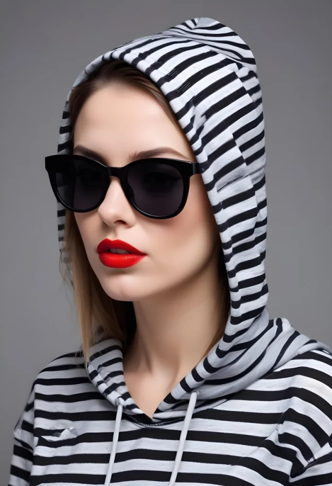 A Caucasian Woman Age 30 With Red Lips And Black Sunglasses Wearing A Black And White Striped Hoodie In A Grey Background 25 E0c4