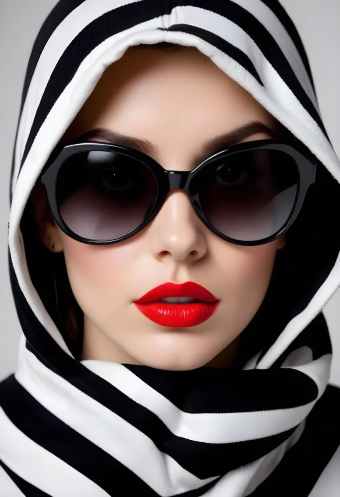 A Caucasian Woman Age 30 With Red Lips And Black Sunglasses Wearing A Black And White Striped Hoodie In A Grey Background 3 9cbc