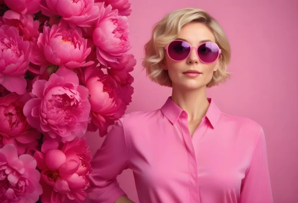 A Caucasian Woman In Her 30s With Short Wavy Blonde Hair Wearing Large Round Pink Sunglasses And A Bright Pink Blouse She Stands Confidently Next To A Cluster Of Vibrant Pink Peonies Against A Solid Pink Background 12 9fa8