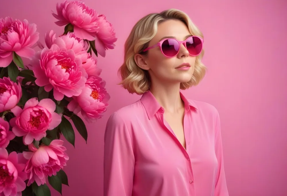 A Caucasian Woman In Her 30s With Short Wavy Blonde Hair Wearing Large Round Pink Sunglasses And A Bright Pink Blouse She Stands Confidently Next To A Cluster Of Vibrant Pink Peonies Against A Solid Pink Background 13 E971