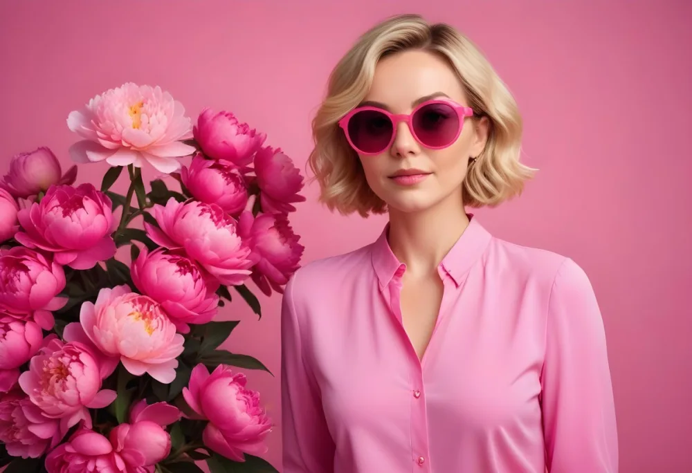 A Caucasian Woman In Her 30s With Short Wavy Blonde Hair Wearing Large Round Pink Sunglasses And A Bright Pink Blouse She Stands Confidently Next To A Cluster Of Vibrant Pink Peonies Against A Solid Pink Background 18 Ae43