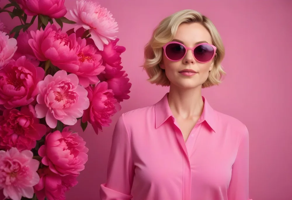 A Caucasian Woman In Her 30s With Short Wavy Blonde Hair Wearing Large Round Pink Sunglasses And A Bright Pink Blouse She Stands Confidently Next To A Cluster Of Vibrant Pink Peonies Against A Solid Pink Background 24 5ac1