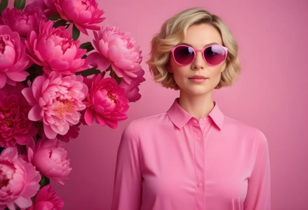 A Caucasian Woman In Her 30s With Short Wavy Blonde Hair Wearing Large Round Pink Sunglasses And A Bright Pink Blouse She Stands Confidently Next To A Cluster Of Vibrant Pink Peonies Against A Solid Pink Background 27 E898