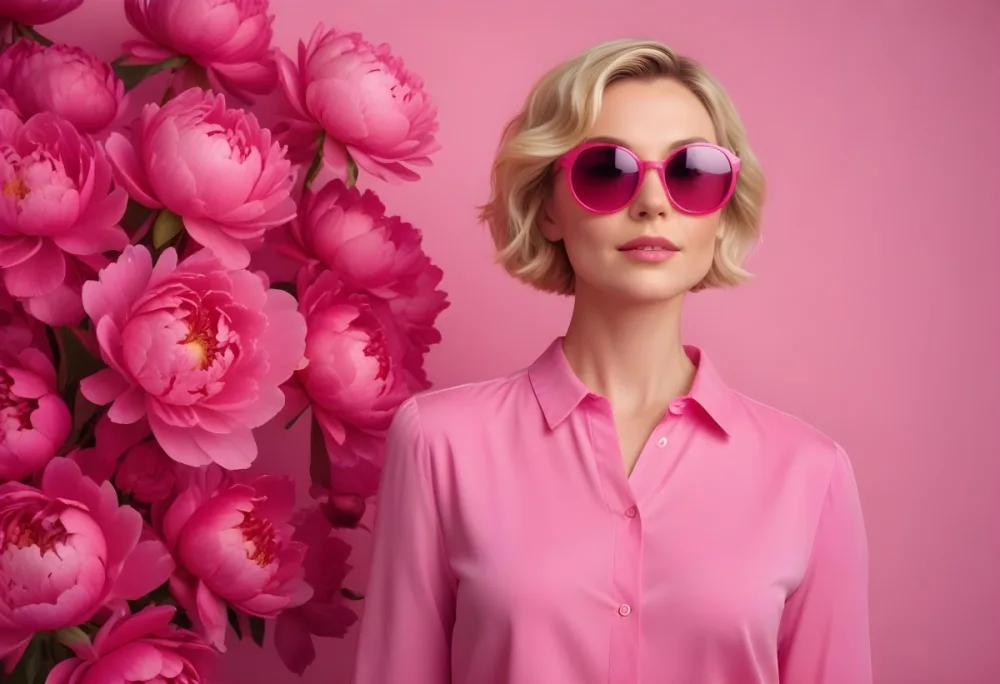 A Caucasian Woman In Her 30s With Short Wavy Blonde Hair Wearing Large Round Pink Sunglasses And A Bright Pink Blouse She Stands Confidently Next To A Cluster Of Vibrant Pink Peonies Against A Solid Pink Background 3 07a4