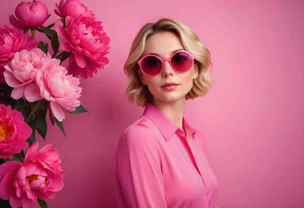 A Caucasian Woman In Her 30s With Short Wavy Blonde Hair Wearing Large Round Pink Sunglasses And A Bright Pink Blouse She Stands Confidently Next To A Cluster Of Vibrant Pink Peonies Against A Solid Pink Background 31 9c97