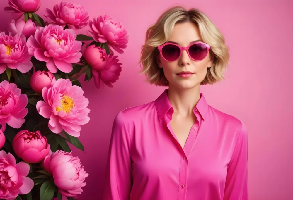A Caucasian Woman In Her 30s With Short Wavy Blonde Hair Wearing Large Round Pink Sunglasses And A Bright Pink Blouse She Stands Confidently Next To A Cluster Of Vibrant Pink Peonies Against A Solid Pink Background 32 0eea