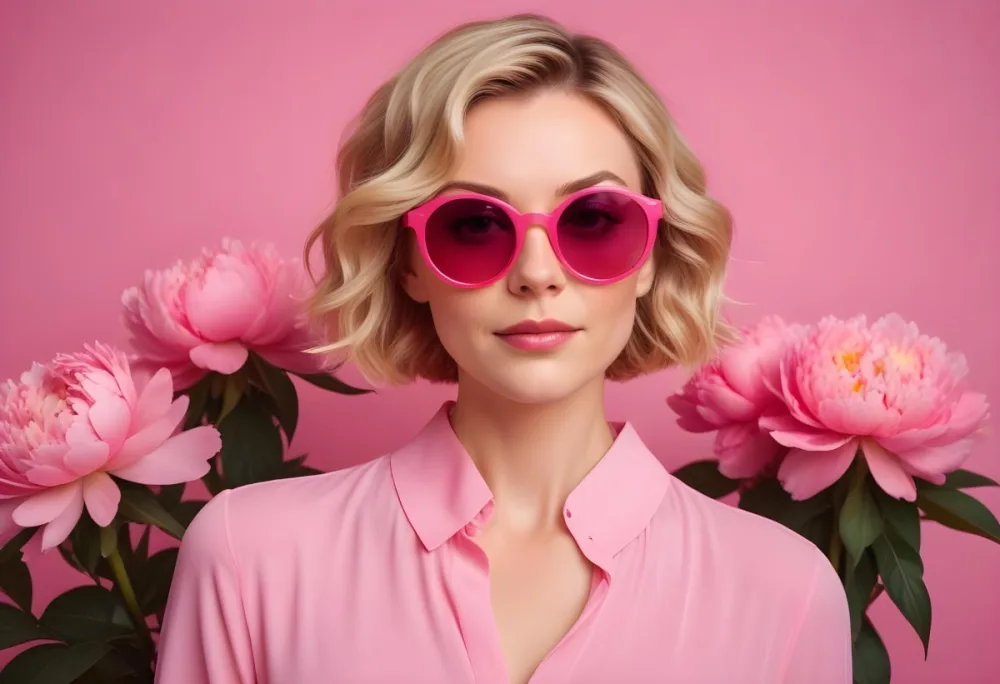 A Caucasian Woman In Her 30s With Short Wavy Blonde Hair Wearing Large Round Pink Sunglasses And A Bright Pink Blouse She Stands Confidently Next To A Cluster Of Vibrant Pink Peonies Against A Solid Pink Background 35 C488