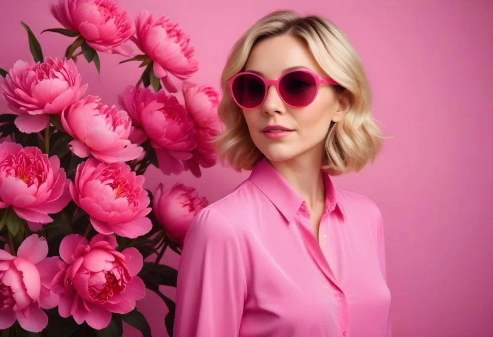 A Caucasian Woman In Her 30s With Short Wavy Blonde Hair Wearing Large Round Pink Sunglasses And A Bright Pink Blouse She Stands Confidently Next To A Cluster Of Vibrant Pink Peonies Against A Solid Pink Background 36 327d