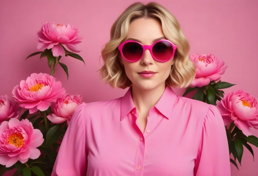 A Caucasian Woman In Her 30s With Short Wavy Blonde Hair Wearing Large Round Pink Sunglasses And A Bright Pink Blouse She Stands Confidently Next To A Cluster Of Vibrant Pink Peonies Against A Solid Pink Background 39 5482