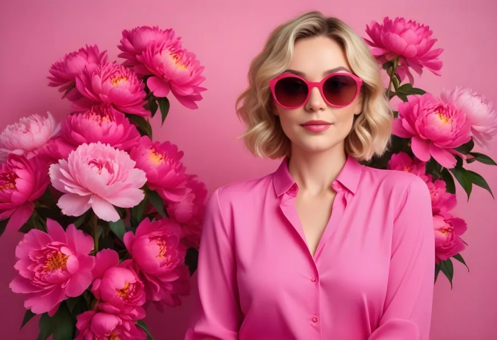 A Caucasian Woman In Her 30s With Short Wavy Blonde Hair Wearing Large Round Pink Sunglasses And A Bright Pink Blouse She Stands Confidently Next To A Cluster Of Vibrant Pink Peonies Against A Solid Pink Background 40 4515