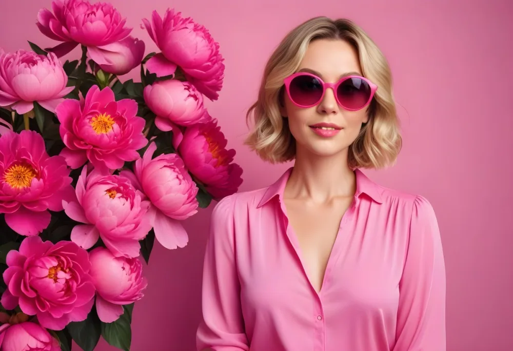 A Caucasian Woman In Her 30s With Short Wavy Blonde Hair Wearing Large Round Pink Sunglasses And A Bright Pink Blouse She Stands Confidently Next To A Cluster Of Vibrant Pink Peonies Against A Solid Pink Background 47 F8ca
