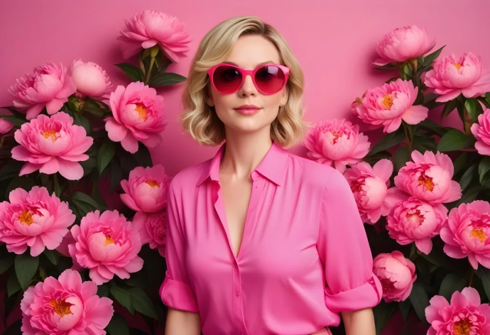A Caucasian Woman In Her 30s With Short Wavy Blonde Hair Wearing Large Round Pink Sunglasses And A Bright Pink Blouse She Stands Confidently Next To A Cluster Of Vibrant Pink Peonies Against A Solid Pink Background 52 A58a