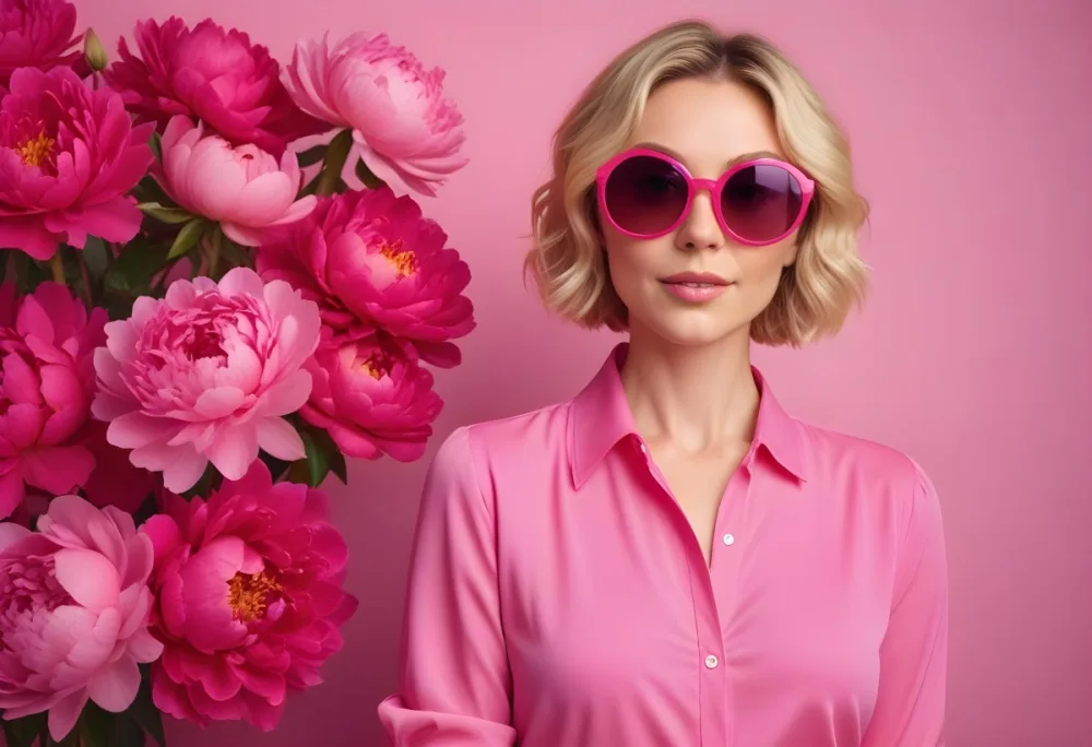 A Caucasian Woman In Her 30s With Short Wavy Blonde Hair Wearing Large Round Pink Sunglasses And A Bright Pink Blouse She Stands Confidently Next To A Cluster Of Vibrant Pink Peonies Against A Solid Pink Background 54 957a