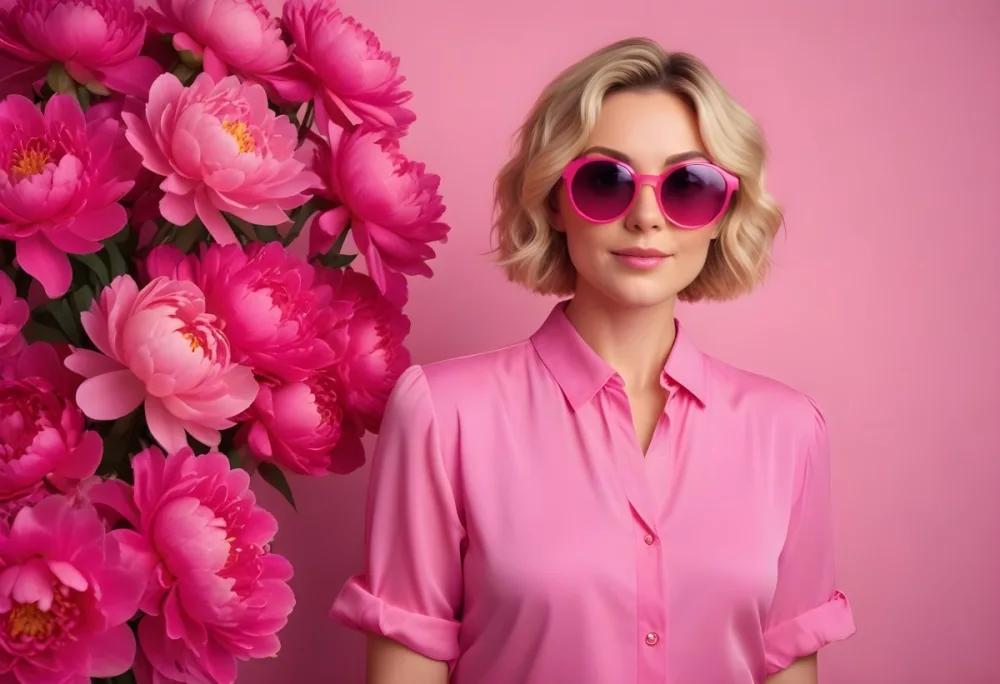 A Caucasian Woman In Her 30s With Short Wavy Blonde Hair Wearing Large Round Pink Sunglasses And A Bright Pink Blouse She Stands Confidently Next To A Cluster Of Vibrant Pink Peonies Against A Solid Pink Background 59 5bfa