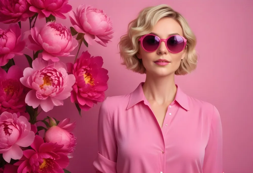 A Caucasian Woman In Her 30s With Short Wavy Blonde Hair Wearing Large Round Pink Sunglasses And A Bright Pink Blouse She Stands Confidently Next To A Cluster Of Vibrant Pink Peonies Against A Solid Pink Background 68 Fce9