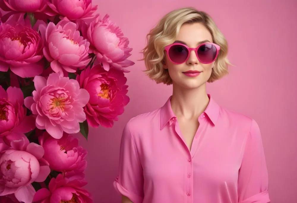 A Caucasian Woman In Her 30s With Short Wavy Blonde Hair Wearing Large Round Pink Sunglasses And A Bright Pink Blouse She Stands Confidently Next To A Cluster Of Vibrant Pink Peonies Against A Solid Pink Background 73 Eb6c