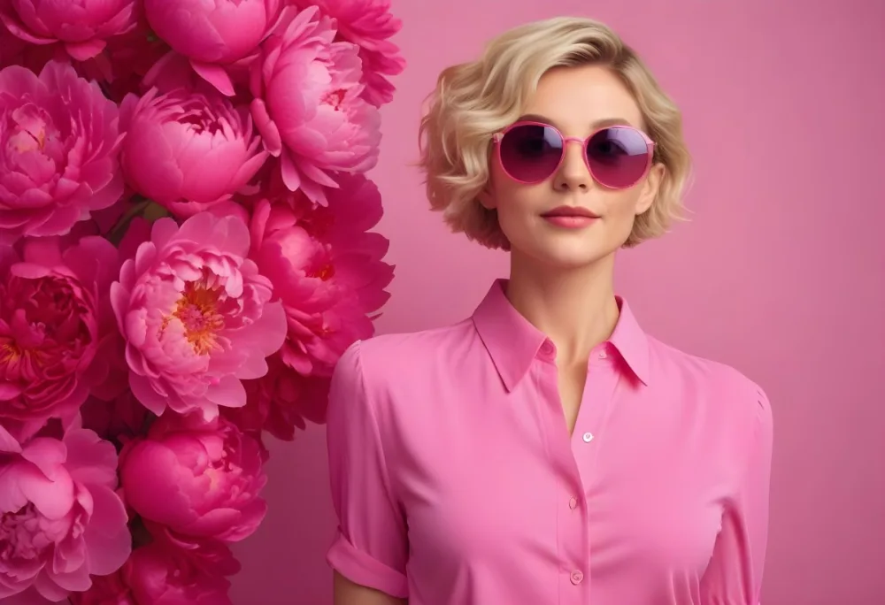 A Caucasian Woman In Her 30s With Short Wavy Blonde Hair Wearing Large Round Pink Sunglasses And A Bright Pink Blouse She Stands Confidently Next To A Cluster Of Vibrant Pink Peonies Against A Solid Pink Background 74 736f