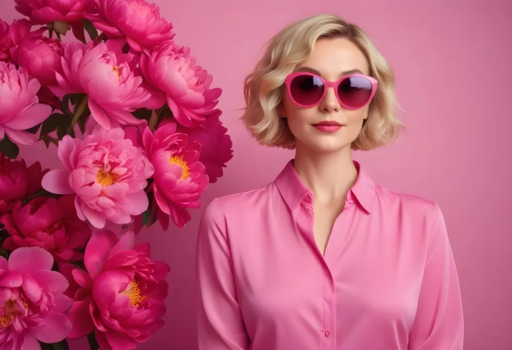 A Caucasian Woman In Her 30s With Short Wavy Blonde Hair Wearing Large Round Pink Sunglasses And A Bright Pink Blouse She Stands Confidently Next To A Cluster Of Vibrant Pink Peonies Against A Solid Pink Background 76 92ac