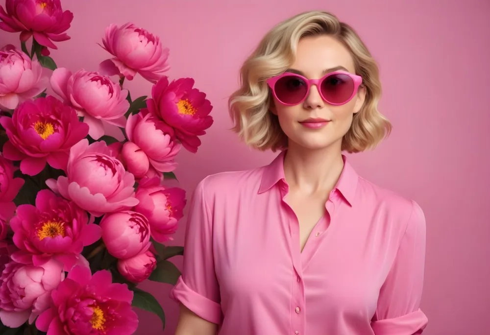 A Caucasian Woman In Her 30s With Short Wavy Blonde Hair Wearing Large Round Pink Sunglasses And A Bright Pink Blouse She Stands Confidently Next To A Cluster Of Vibrant Pink Peonies Against A Solid Pink Background 79 C7b3