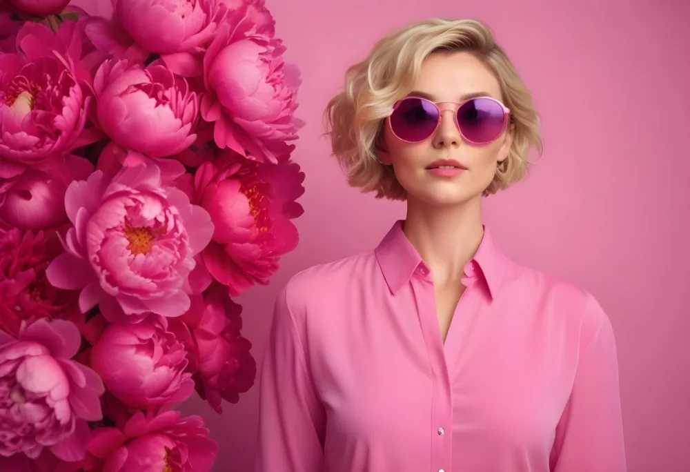 A Caucasian Woman In Her 30s With Short Wavy Blonde Hair Wearing Large Round Pink Sunglasses And A Bright Pink Blouse She Stands Confidently Next To A Cluster Of Vibrant Pink Peonies Against A Solid Pink Background 9 6033