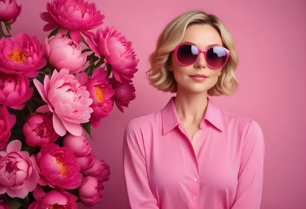 A Caucasian Woman In Her 30s With Short Wavy Blonde Hair Wearing Large Round Pink Sunglasses And A Bright Pink Blouse She Stands Confidently Next To A Cluster Of Vibrant Pink Peonies Against A Solid Pink Background B6e3