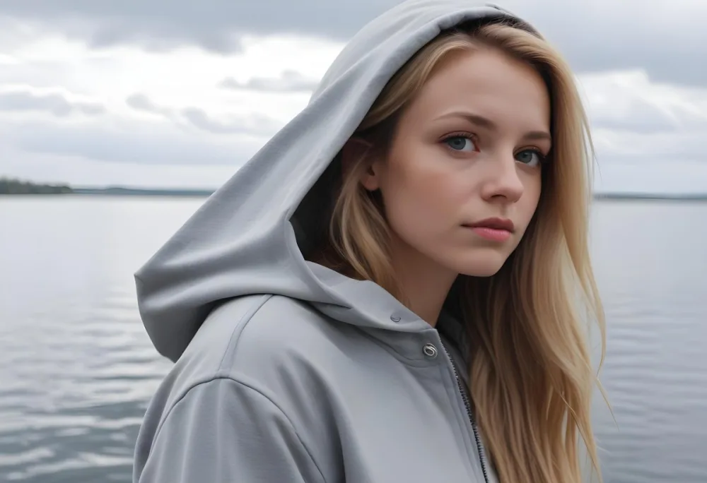 A Caucasian Woman In Her Late 20s With Long Straight Blonde Hair Wearing A Light Gray Hooded Jacket Over A Matching Top She Is Standing By A Body Of Water With A Cloudy Sky In The Background Looking Thoughtfully To Th 10 6563