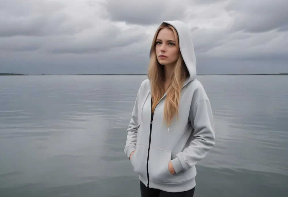 A Caucasian Woman In Her Late 20s With Long Straight Blonde Hair Wearing A Light Gray Hooded Jacket Over A Matching Top She Is Standing By A Body Of Water With A Cloudy Sky In The Background Looking Thoughtfully To Th 11 45b1