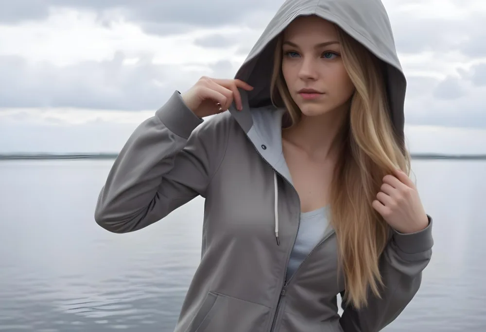 A Caucasian Woman In Her Late 20s With Long Straight Blonde Hair Wearing A Light Gray Hooded Jacket Over A Matching Top She Is Standing By A Body Of Water With A Cloudy Sky In The Background Looking Thoughtfully To Th 13 0eed