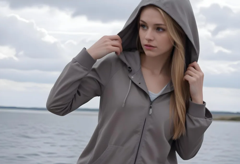 A Caucasian Woman In Her Late 20s With Long Straight Blonde Hair Wearing A Light Gray Hooded Jacket Over A Matching Top She Is Standing By A Body Of Water With A Cloudy Sky In The Background Looking Thoughtfully To Th 15 0a4f