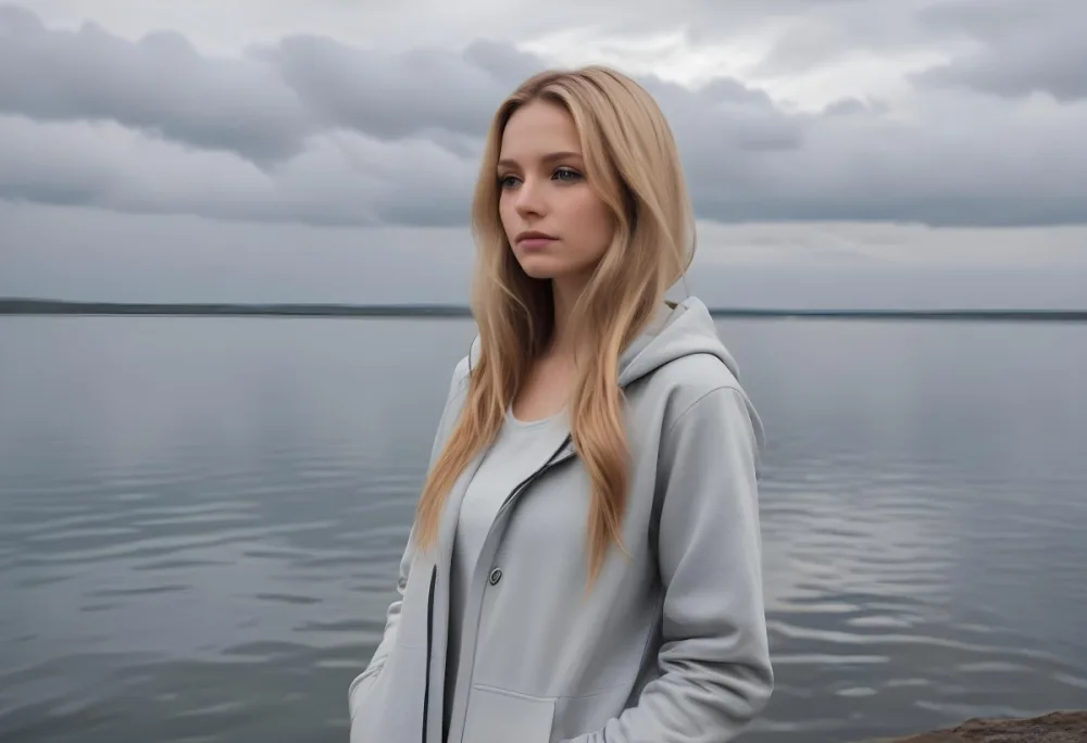 A Caucasian Woman In Her Late 20s With Long Straight Blonde Hair Wearing A Light Gray Hooded Jacket Over A Matching Top She Is Standing By A Body Of Water With A Cloudy Sky In The Background Looking Thoughtfully To Th 3 34aa