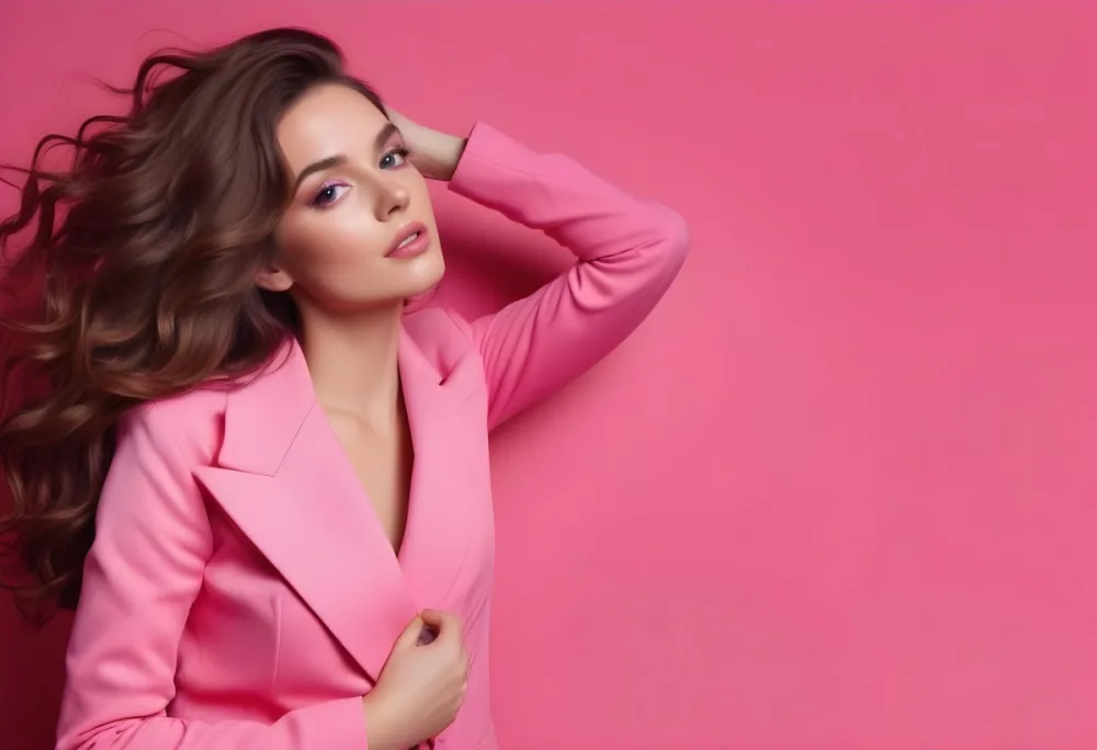 A Caucasian Woman In Her Mid 20s With Long Wavy Brown Hair Wearing A Bright Pink Blazer She Has Striking Makeup With Bold Eye Makeup And Nude Lips The Background Is A Solid Pink Color Creating A Vibrant And Cohesi 45 7169