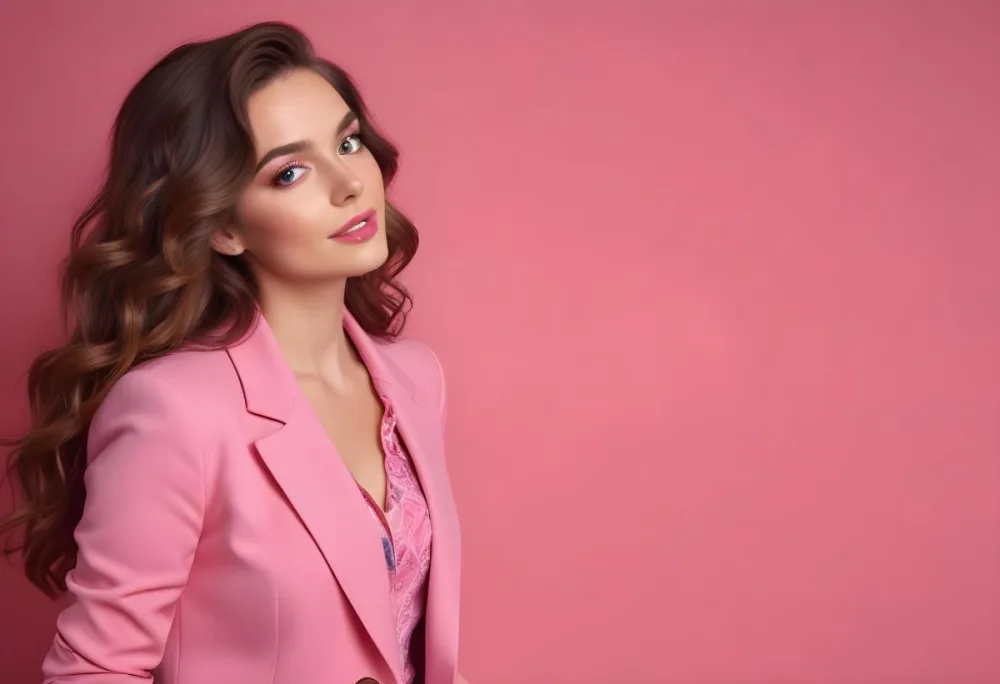 A Caucasian Woman In Her Mid 20s With Long Wavy Brown Hair Wearing A Bright Pink Blazer She Has Striking Makeup With Bold Eye Makeup And Nude Lips The Background Is A Solid Pink Color Creating A Vibrant And Cohesi 50 115d