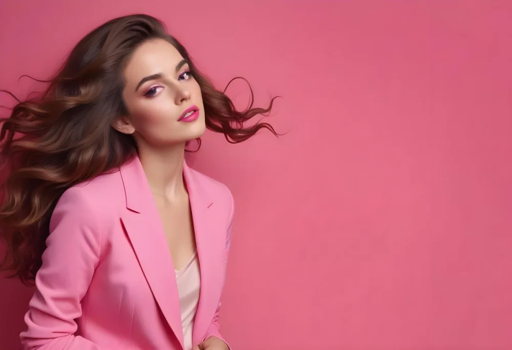 A Caucasian Woman In Her Mid 20s With Long Wavy Brown Hair Wearing A Bright Pink Blazer She Has Striking Makeup With Bold Eye Makeup And Nude Lips The Background Is A Solid Pink Color Creating A Vibrant And Cohesi 51 0d38