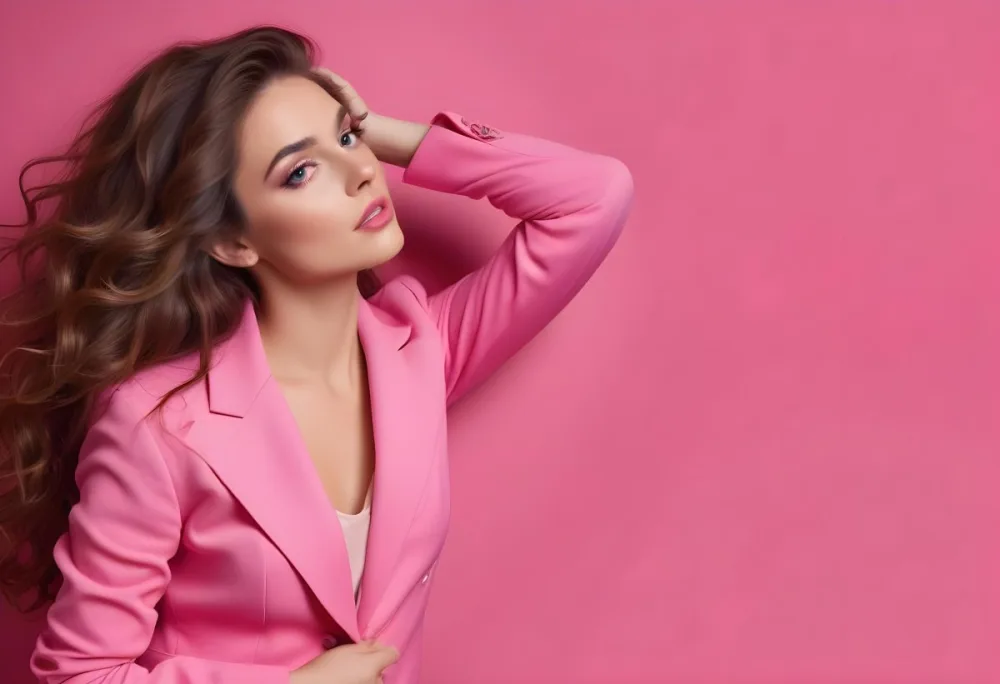 A Caucasian Woman In Her Mid 20s With Long Wavy Brown Hair Wearing A Bright Pink Blazer She Has Striking Makeup With Bold Eye Makeup And Nude Lips The Background Is A Solid Pink Color Creating A Vibrant And Cohesi 82 17d1